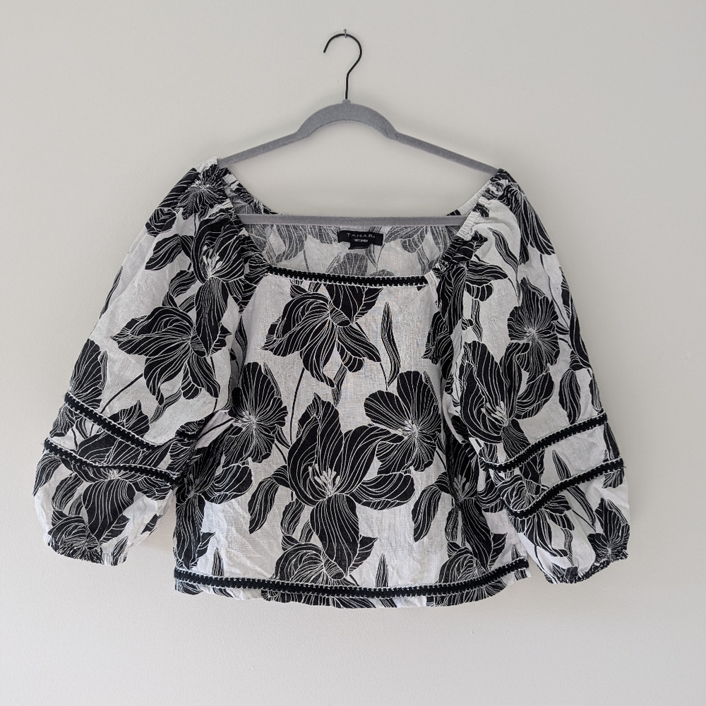 Tahari Black and White Floral Blouse